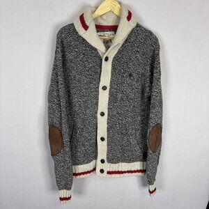Roots Cabin Shawl Collar Sweater XL Men’s Wool Blend Elbow Patches Gray Red Knit
